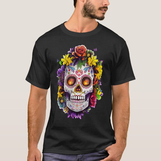 Blommigt Sugar Skull Day of the dead Dia De Muerto T Shirt (Framsida)