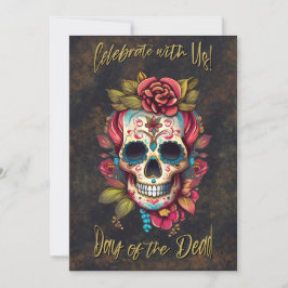 Blommigt Sugar Skull Day of the dead Engelska Inbjudningar