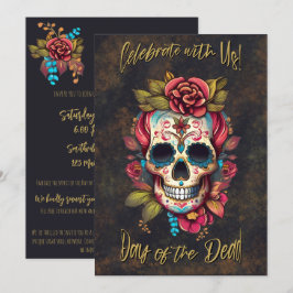 Blommigt Sugar Skull Day of the dead Engelska Inbjudningar