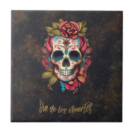 Blommigt Sugar Skull Dia de los Muertos Party Kakelplatta