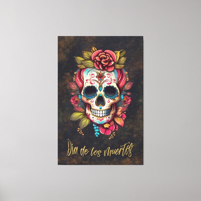 Blommigt Sugar Skull Día de los Muertos Spain Canvastryck (Framsida)
