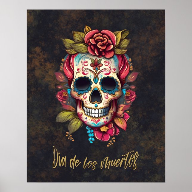 Blommigt Sugar Skull Día de los Muertos Spain Poster (Framsidan)