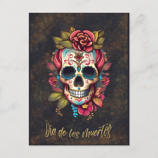 Blommigt Sugar Skull Día de los Muertos Spain Vykort (Framsida)