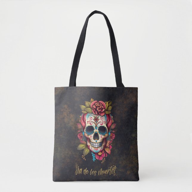 Blommigt Sugar Skull Dia de los Muertos Spanska Tygkasse (Framsida)