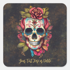 Blommigt Sugar Skull Día de los Muertos Tack Fyrkantigt Klistermärke