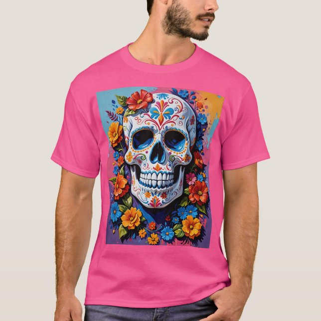 Blommigt Sugar Skull Día de Los Muertos Tee (Framsida)