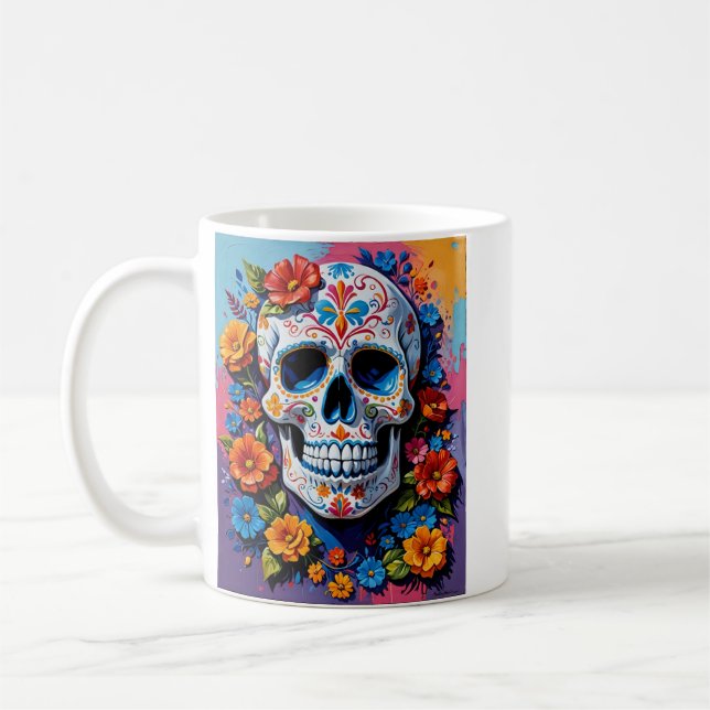 Blommigt Sugar Skull Fiesta Art T Shirt Kaffemugg (Vänster)