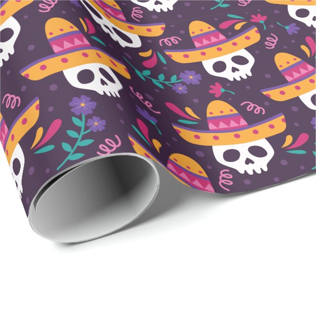 Blommigt Sugar Skull med Sombrero Presentpapper (Rullad Hörn)