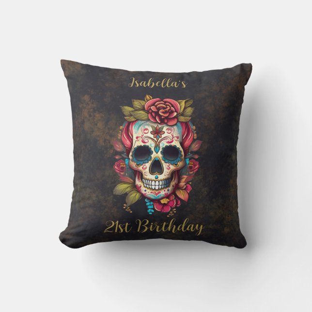 Blommigt Sugar Skull Milestone Birthday Kudde (Framsida)
