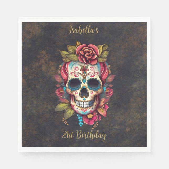 Blommigt Sugar Skull Milestone Birthday Pappersservett (Framsidan)