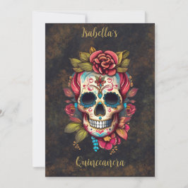 Blommigt Sugar Skull Quinceanera Birthday English Inbjudningar