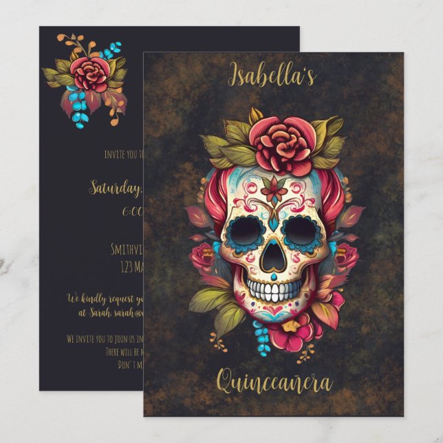 Blommigt Sugar Skull Quinceanera Birthday English Inbjudningar (Fram/baksida)