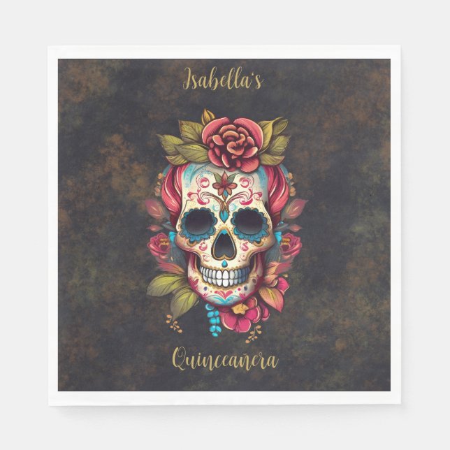 Blommigt Sugar Skull Quinceanera Birthday English Pappersservett (Framsidan)