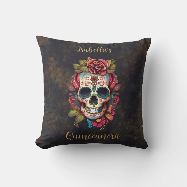 Blommigt Sugar Skull Quinceanera Birthday Kudde (Framsida)