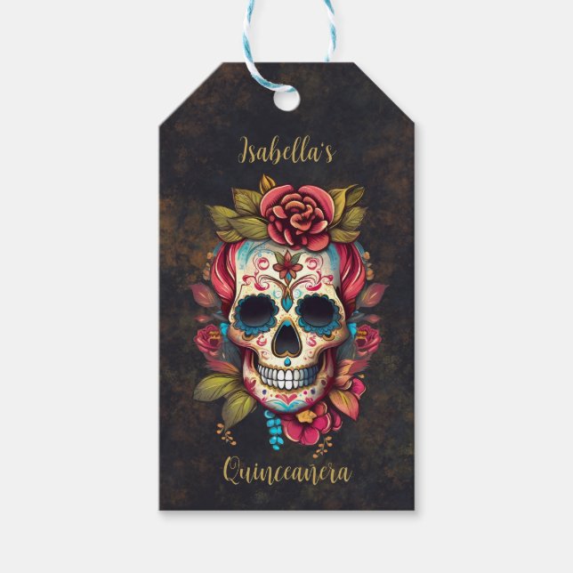 Blommigt Sugar Skull Quinceanera Birthday Presentetikett (Framsidan)