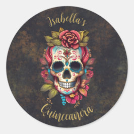 Blommigt Sugar Skull Quinceanera Birthday Runt Klistermärke