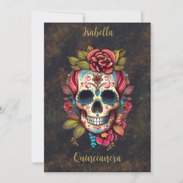 Blommigt Sugar Skull Quinceanera Birthday Spanska Inbjudningar