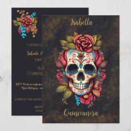 Blommigt Sugar Skull Quinceanera Birthday Spanska Inbjudningar