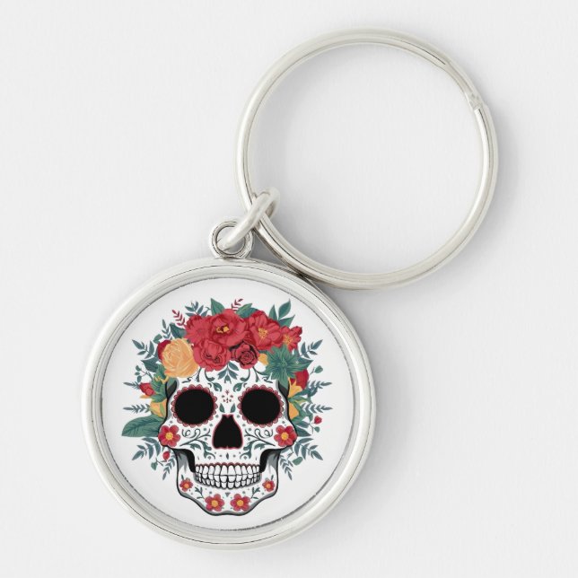 Blommigt Sugar Skull Rund Silverfärgad Nyckelring (Framsidan)