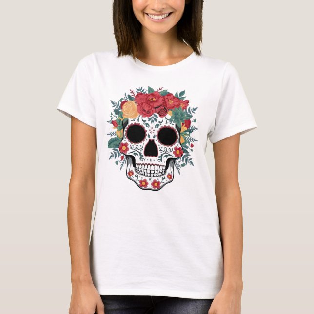 Blommigt Sugar Skull T Shirt (Framsida)