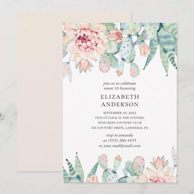 Blommigt sukulenter Sweet 16. Cactus 16:e födelsed Inbjudningar (Fram/baksida)