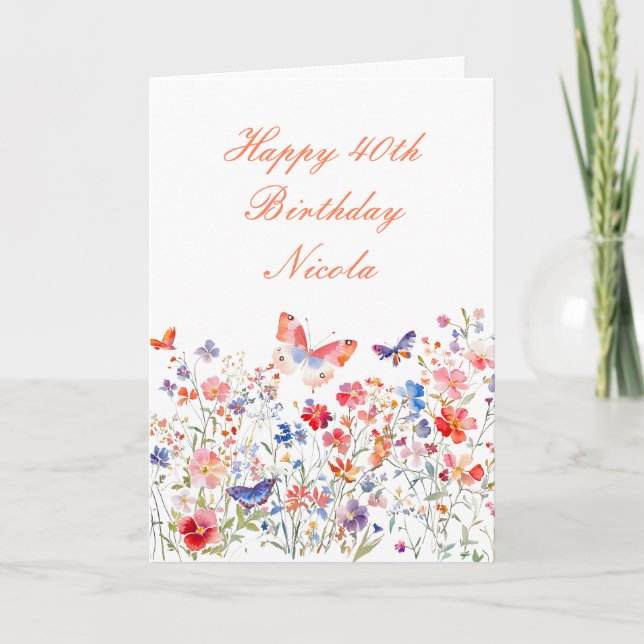 Blommigt Summer Butterfly Birthday Kort (Framsida)
