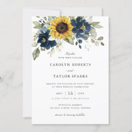 Blommigt Sunblommor Navy Blue Greenery Bröllop Inbjudningar