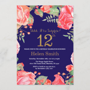 Blommigt Surprise 12:e Birthday Guld Glitter Blue Inbjudningar