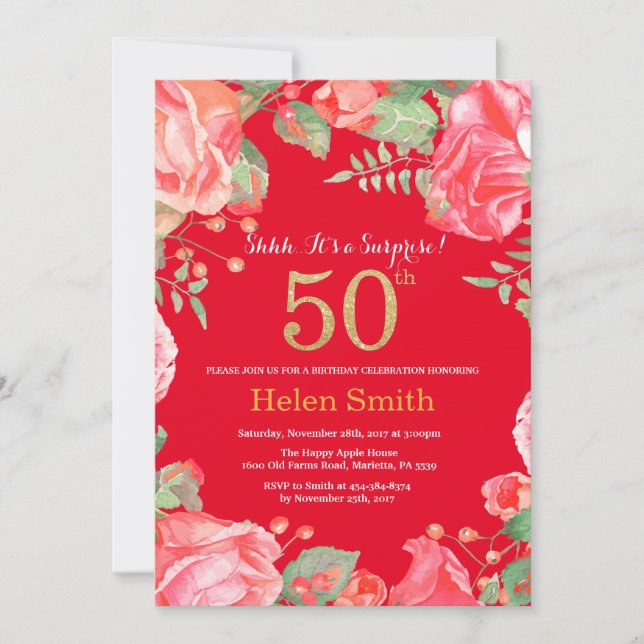 Blommigt Surprise 50:e födelsedag Guld Glitter och Inbjudningar (Framsida)