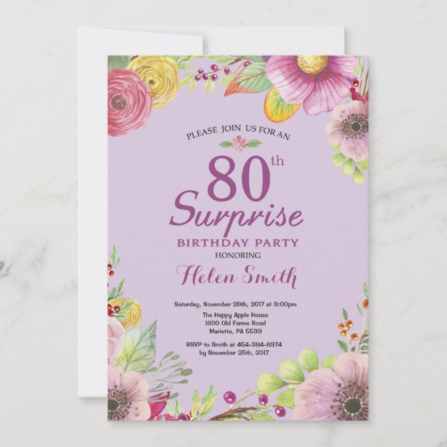 Blommigt Surprise 80:e födelsedagsinbjudan Lila Inbjudningar (Framsida)