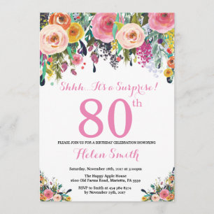 Blommigt Surprise 80:e födelsedagsinbjudan Rosa Inbjudningar