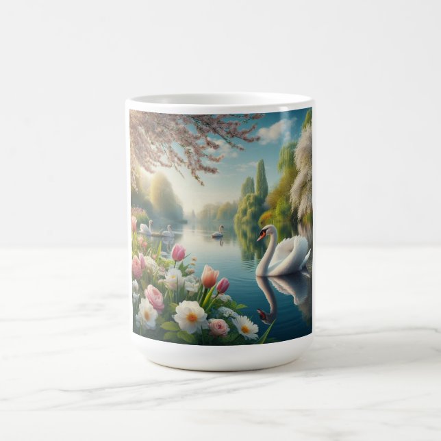 Blommigt svan sjö vår teckning kaffemugg (Center)