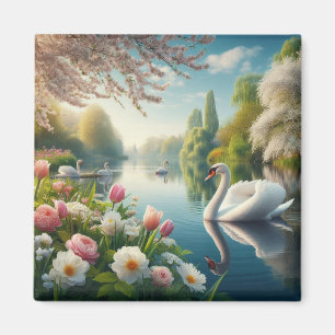 Blommigt svan sjö vår teckning magnet