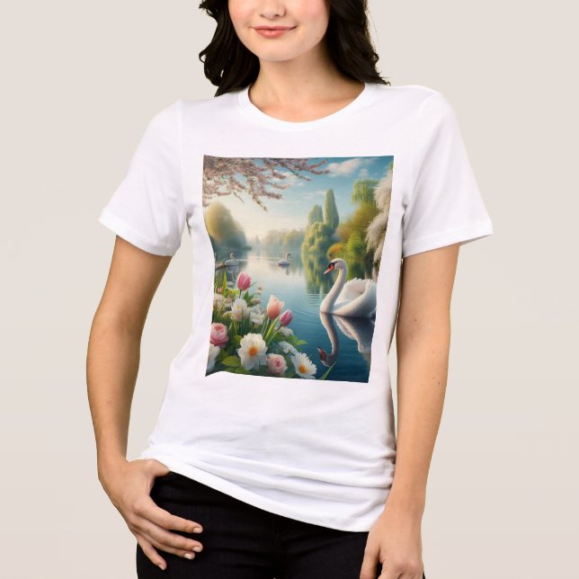 Blommigt svan sjö vår teckning t shirt (Framsida)
