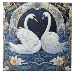 Blommigt Svanar Art nouveau fågelart Deco Blue Kakelplatta