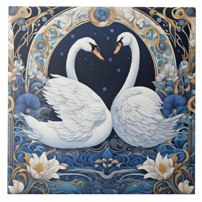 Blommigt Svanar Art nouveau fågelart Deco Blue Kakelplatta (Framsidan)