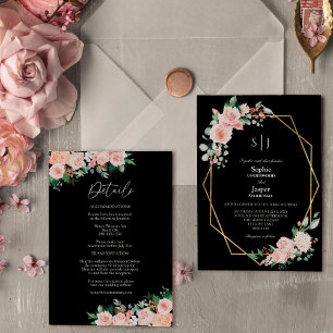 Blommigt Svart enkel Monogram-information Bröllop Inbjudningar
