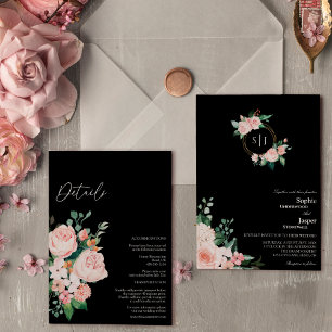 Blommigt svart monogram allt på en Bröllop Inbjudningar