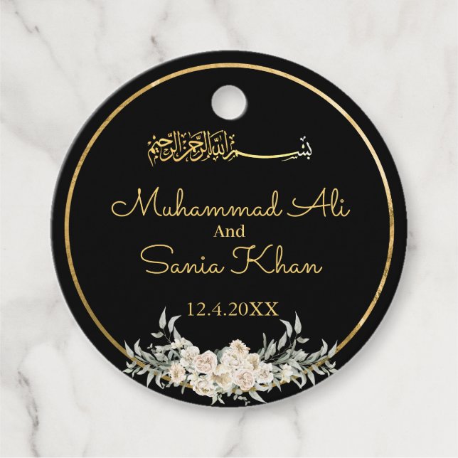 blommigt, svart och Guld, islamisk muslimsk Bröllo Gåvor Etiketter (Framsida)