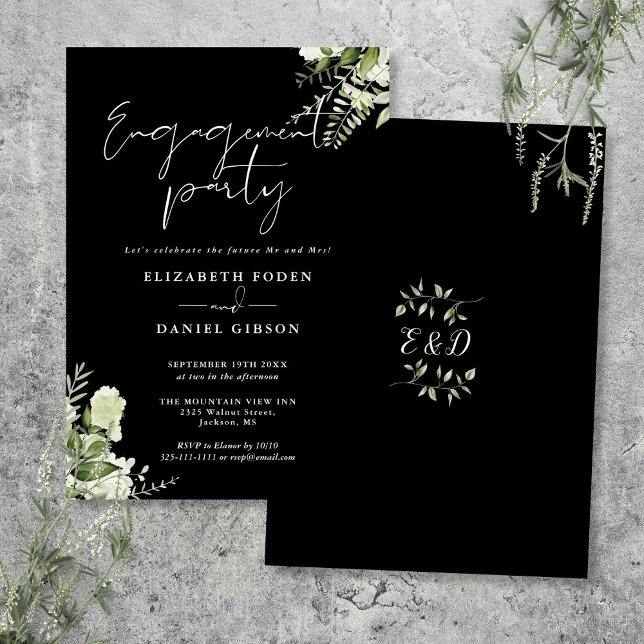 Blommigt, svart och vit Förlovningsfest Inbjudningar (Floral Black And White Engagement Party Invitation)