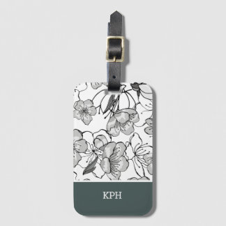 Blommigt, svart, vit och Grönt med Monogram Bagagebricka