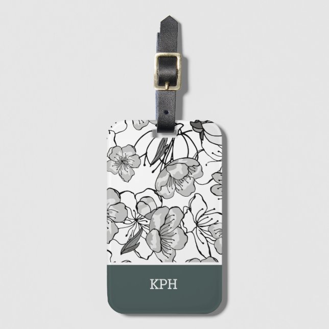 Blommigt, svart, vit och Grönt med Monogram Bagagebricka (Framsida vertikal)