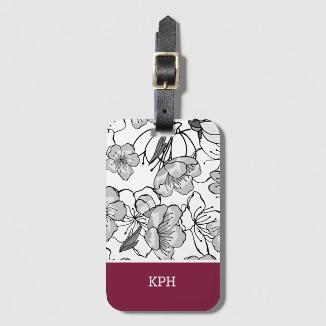 Blommigt, svart, vit och röd med Monogram Bagagebricka (Framsida vertikal)