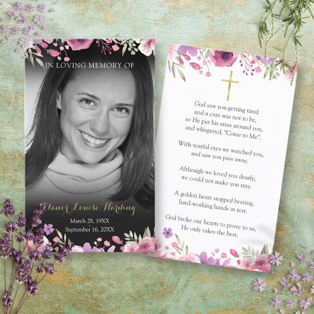 Blommigt Svartvit fotopatsterkort Visitkort (Floral Black and White Photo Funeral Prayer Cards)