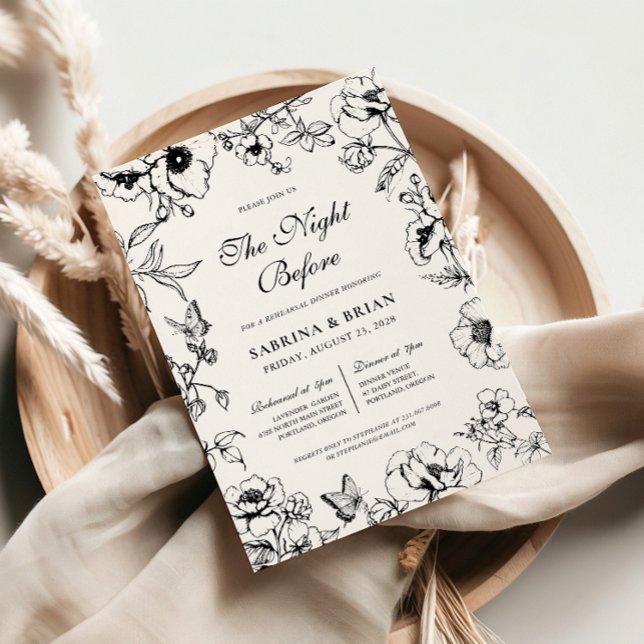 Blommigt Svartvit natt före repetitionsmiddag Inbjudningar (Skapare uppladdad)
