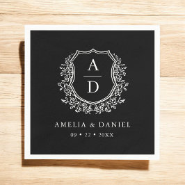 Blommigt Svartvit Vapensköld Bröllop Monogram Pappersservett