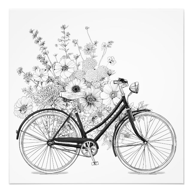 Blommigt Svartvit Vintage Bicycle Teckning Fototryck (Framsidan)