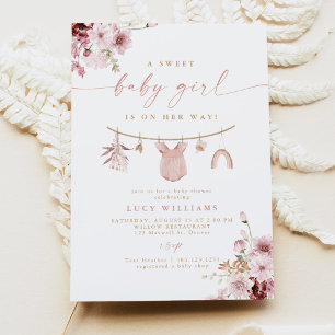 Blommigt Sweet Flicka Clothesline Baby Shower Inbjudningar