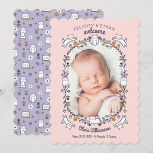 Blommigt Sweet Little kattunge Birth Notice Inbjudningar