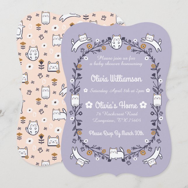 Blommigt Sweet Little kattunge Kitten Baby Shower Inbjudningar (Fram/baksida)